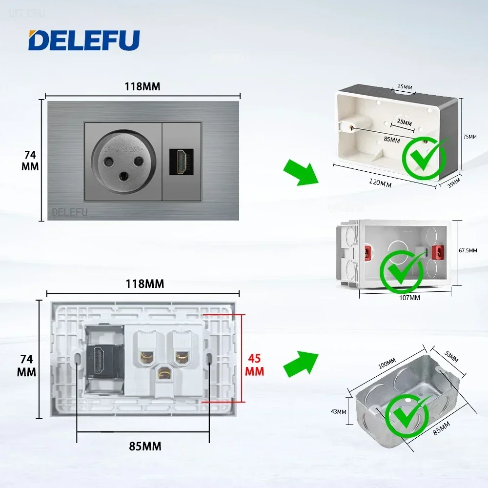 Серая матовая алюминиевая панель DELEFU USB Type C настенная розетка для быстрой