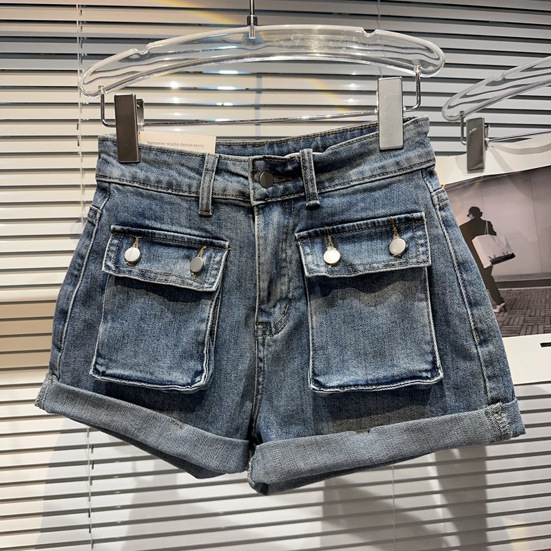 2023 Summer New Large Pocket Flanging Trousers American Style Loose Workwear Denim Shorts