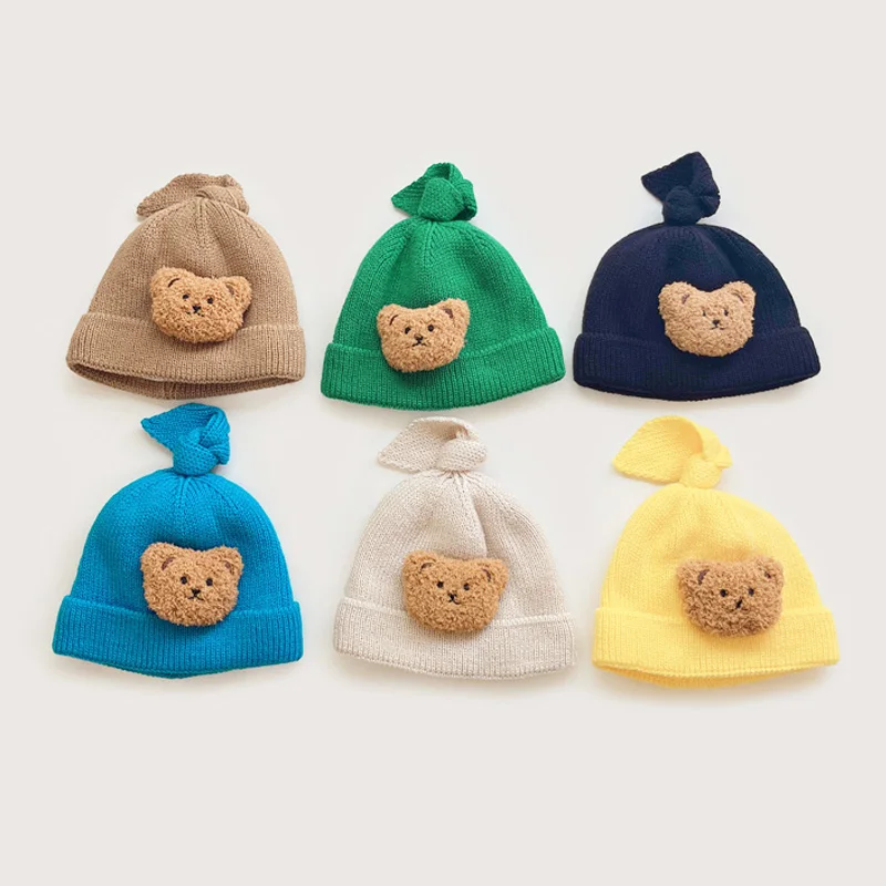 

New Winter Kids Knitted Hats Cute Bear Hat Toddler Beanie Cotton Lining Warm Cap for Boys Girls Autumn Cartoon Baby Accessories