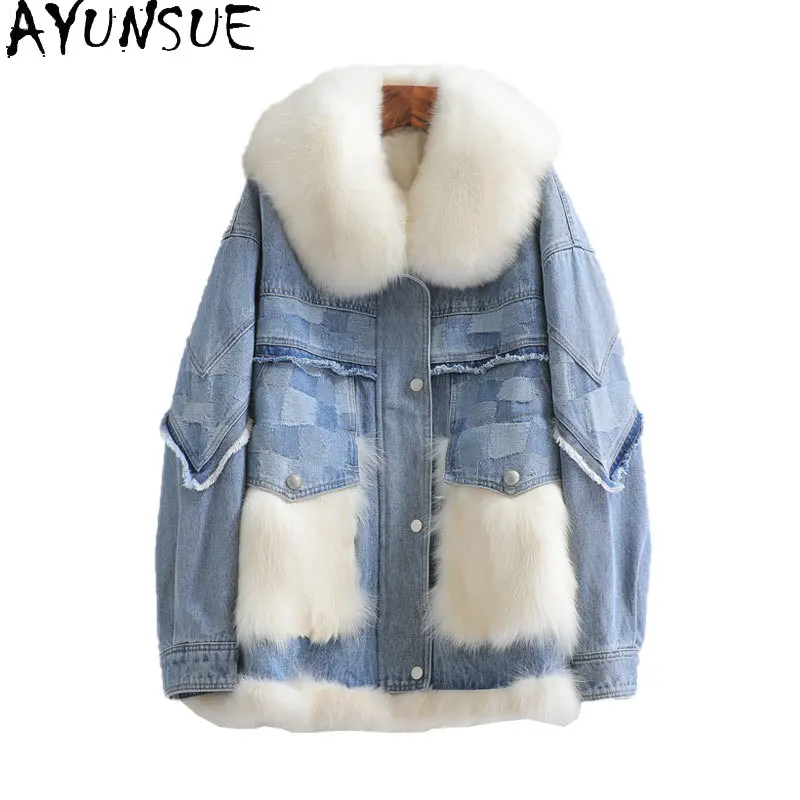 AYUNAUE зимнее пальто для женщин, Осеннее Новое меховое пальто, Короткая Меховая куртка из лисьего меха, упакованная джинсовая куртка, теплые меховые куртки с лисьим воротником Zm852