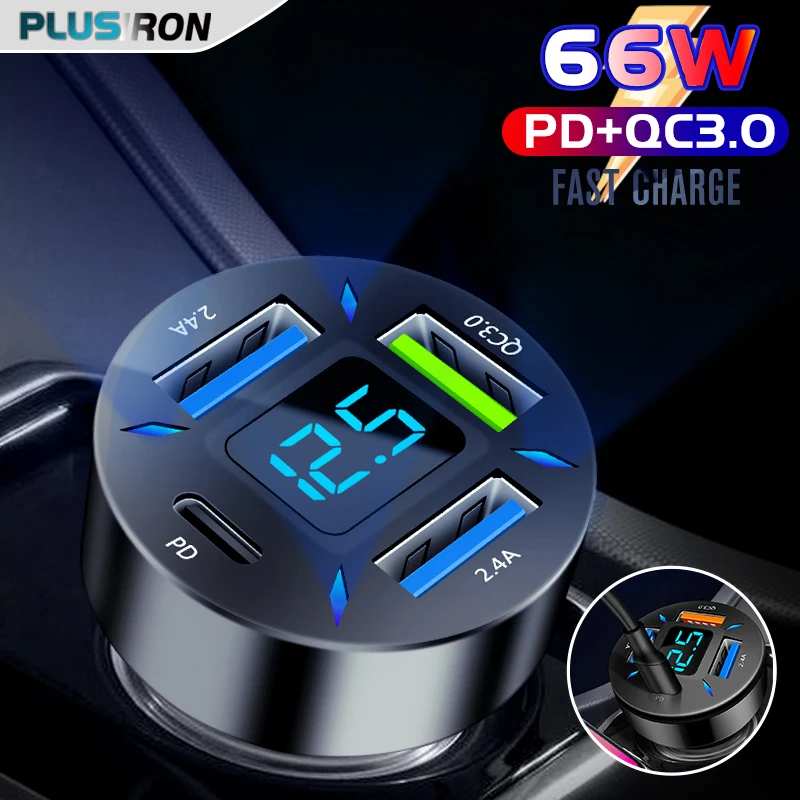 

12V Car Charger Fast Charge Cigarette Lighter Adapter 4-Port USB + Type C Quick Charging Phone Charger for iPhone Huawei Samsung