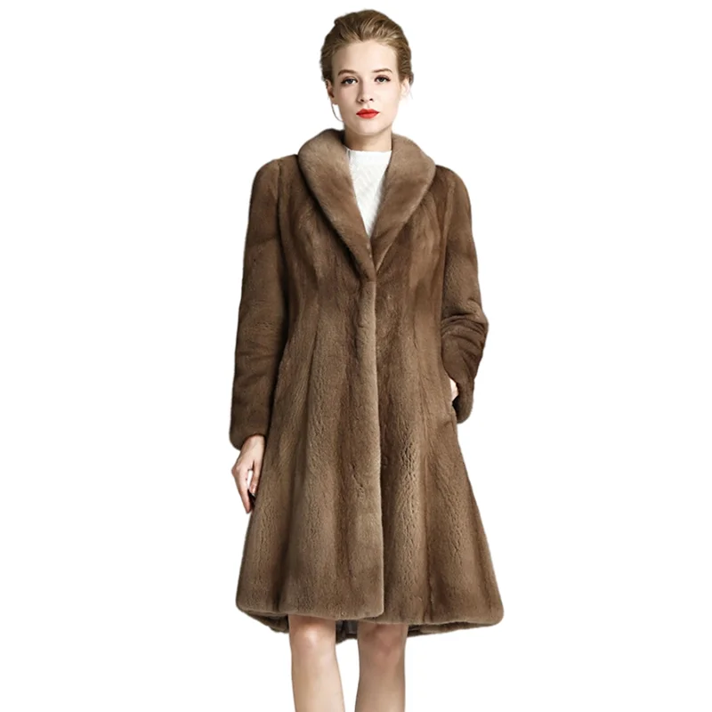 100% Pascal Ms. V-neck mink coat high-end fashion beautiful long section pendulum fur collar fur coat wholesale custom