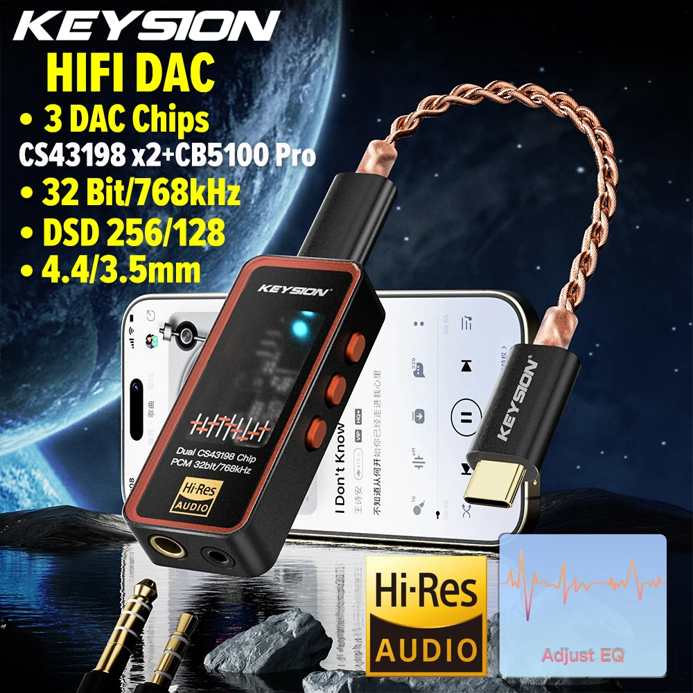 Фото KEYSION Dual CS43198 ЦАП аудио Hi-Fi декодер 768 кГц DSD256 USB Type-C до 3,5/4,4 усилитель для наушников с регулировкой эквалайзера для iOS Android №1