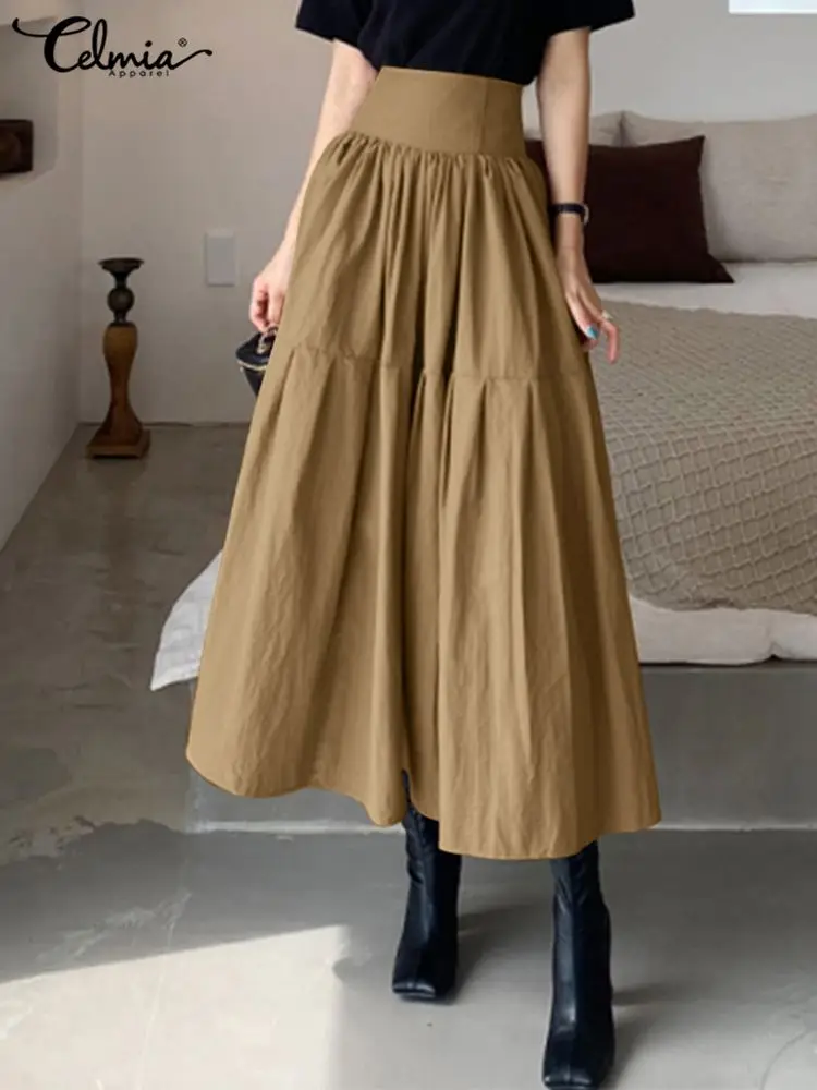 

Celmia Fashion Women High Waist Skirt Korean Pleated A-line Party Skirt 2022 Autumn Casual Loose Holiday Zipper Solid Midi Skirt