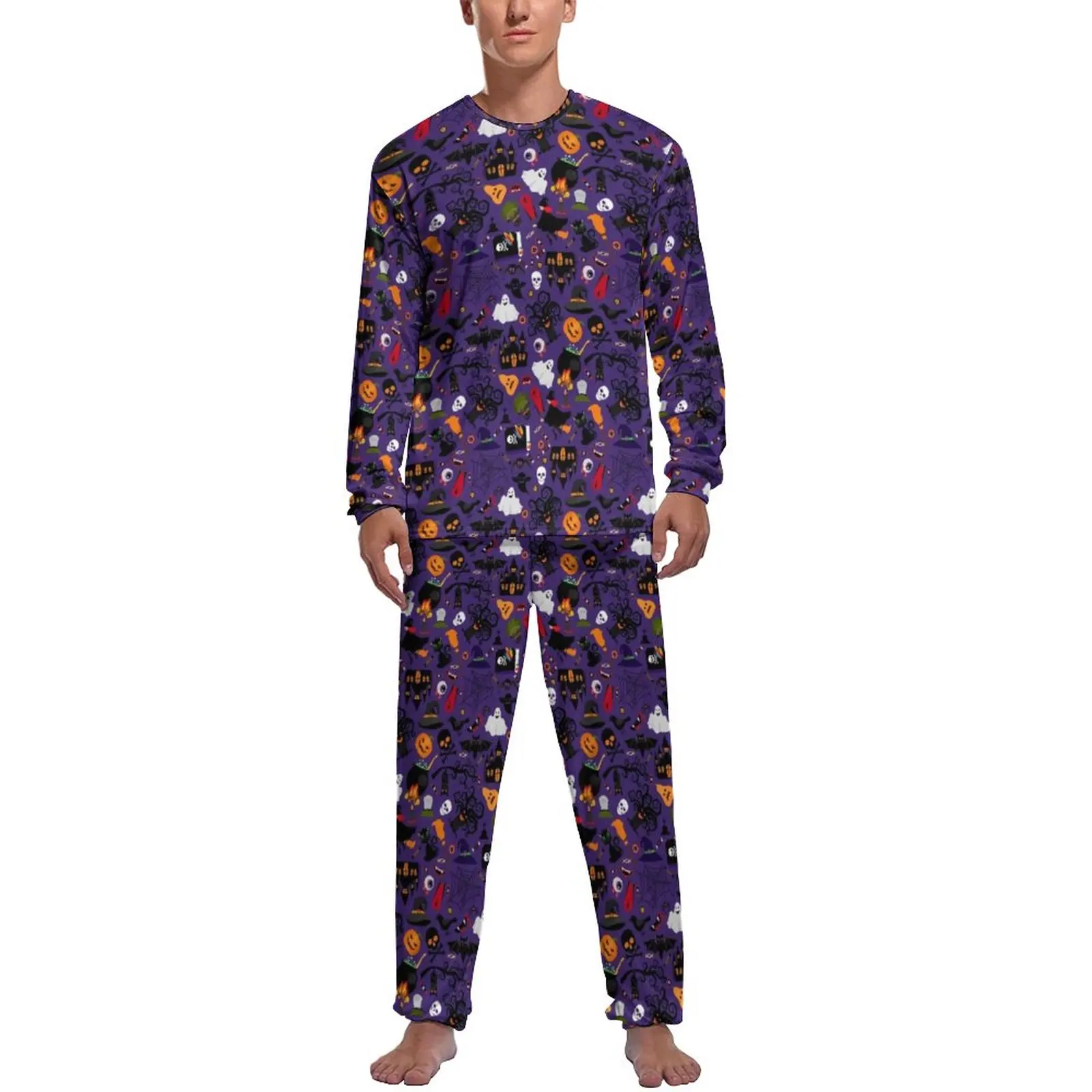 Cartoon Witch Pajamas Boo Halloween Print Man Long Sleeve Cute Pajama Sets 2 Pieces Bedroom Autumn Design Nightwear Gift Idea