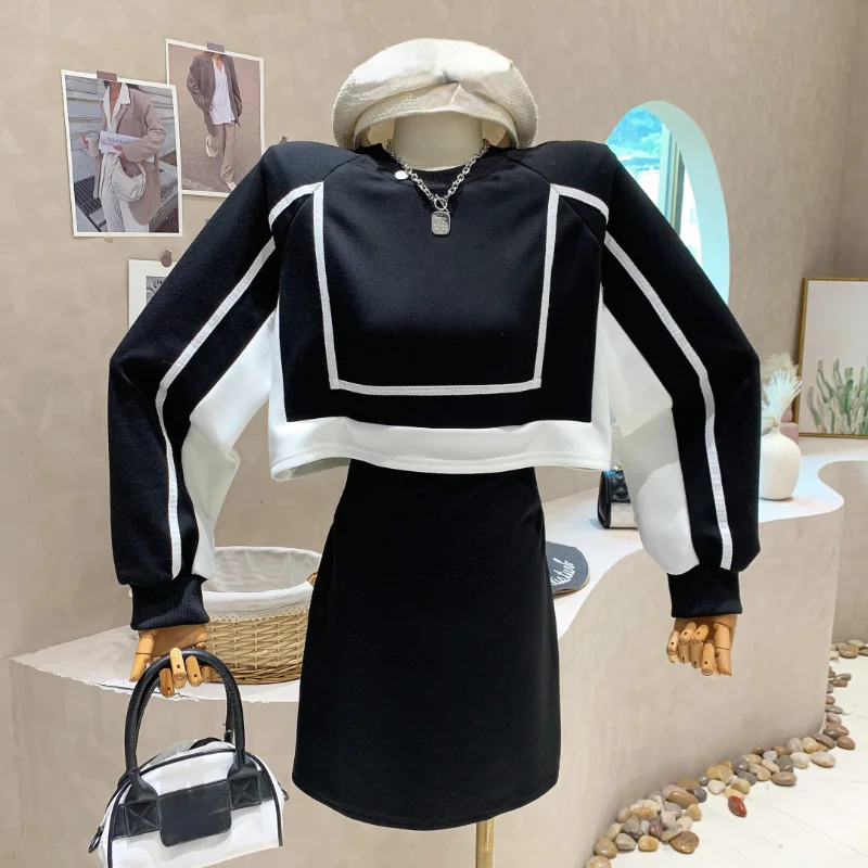 

WDMSNA Black White Stitching Contrast Color Robe Spring New Sweatshirt Dress Female Slim Waist Fake Two Pieces Dress for Women