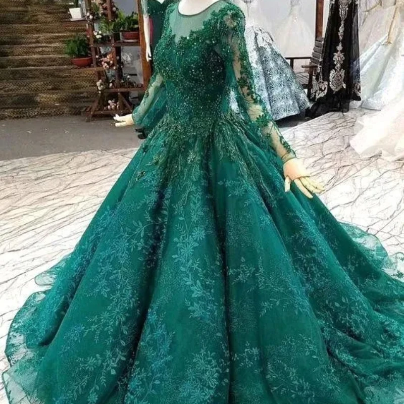 

ANGELSBRIDEP Emerald Green Ball Gown Quinceanera Dresses with Long Sleeves Beads Full Lace Evening Party Gowns Custom Made