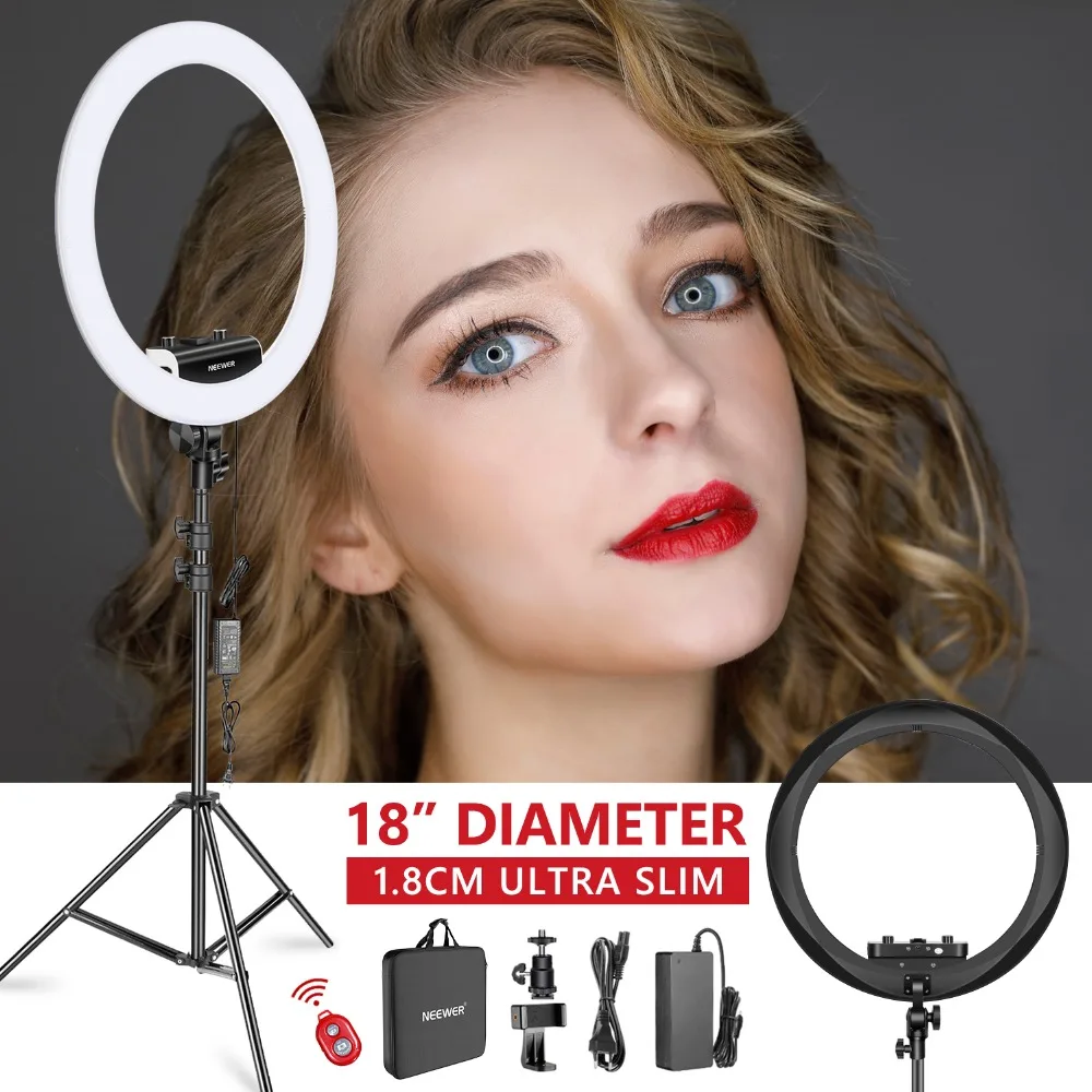 

Neewer набор кольсветильник льников [улучшенная модель Version-1.3cm Ultra Slim]-18 дюймов, 3200-5600K, светодиодные кольцевые светильники с регулируемой яркос...