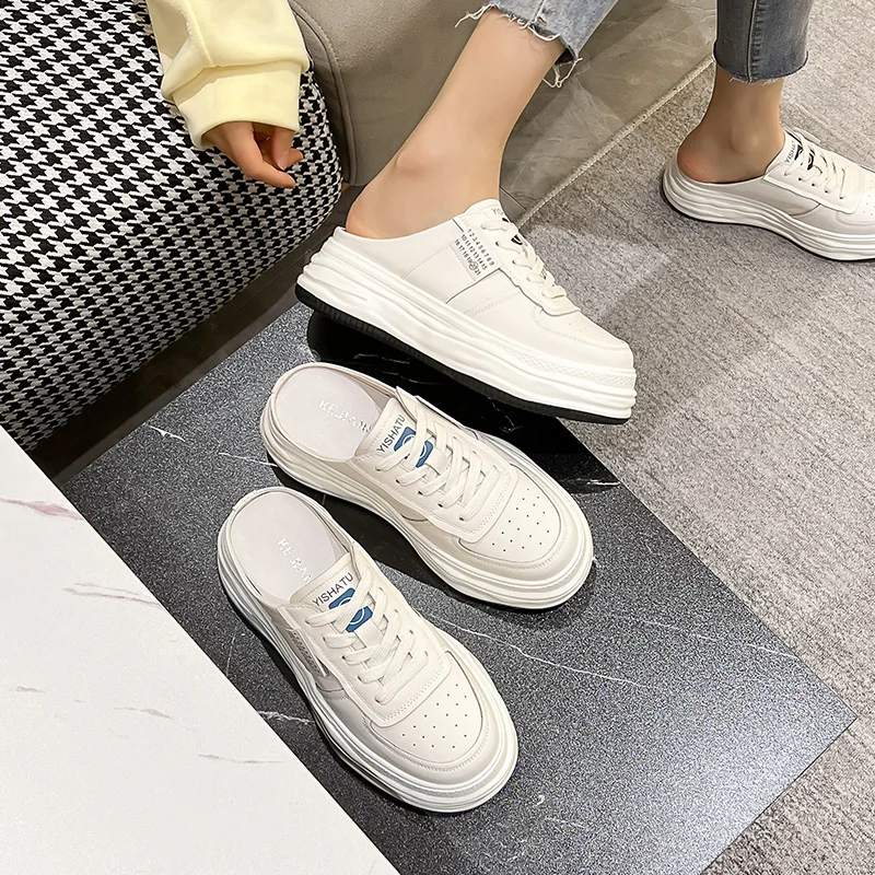 Autuspin Summer Women's Shoes New Design Females Thick Heels Slippers Fashion Genuine Leather Round Toe Slip on Sneakers Woman