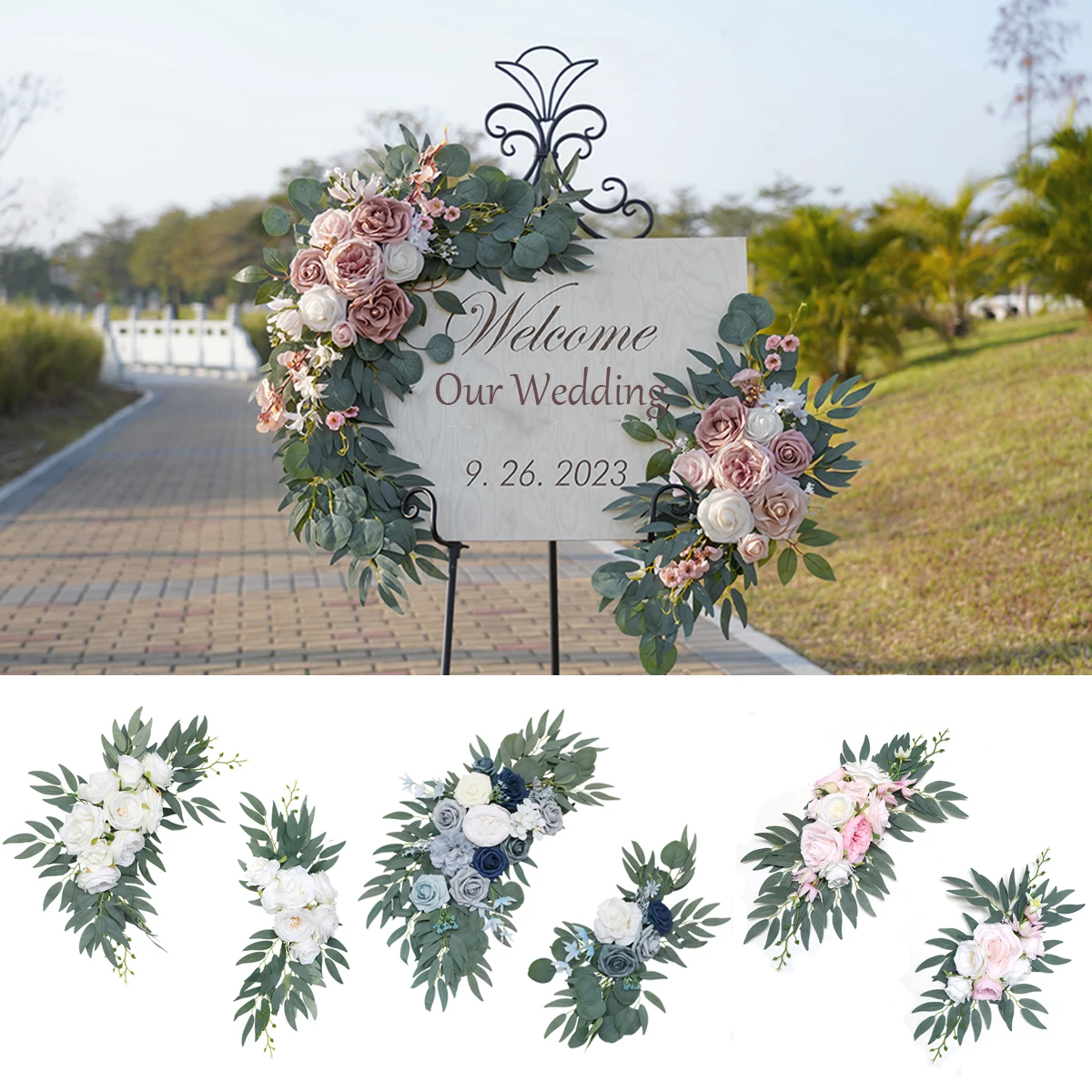 Yannew Artificial Wedding Arch Flowers Kit Boho Dusty Rose Blue Eucalyptus Garland Drapes for Wedding Decorations Welcome Sign