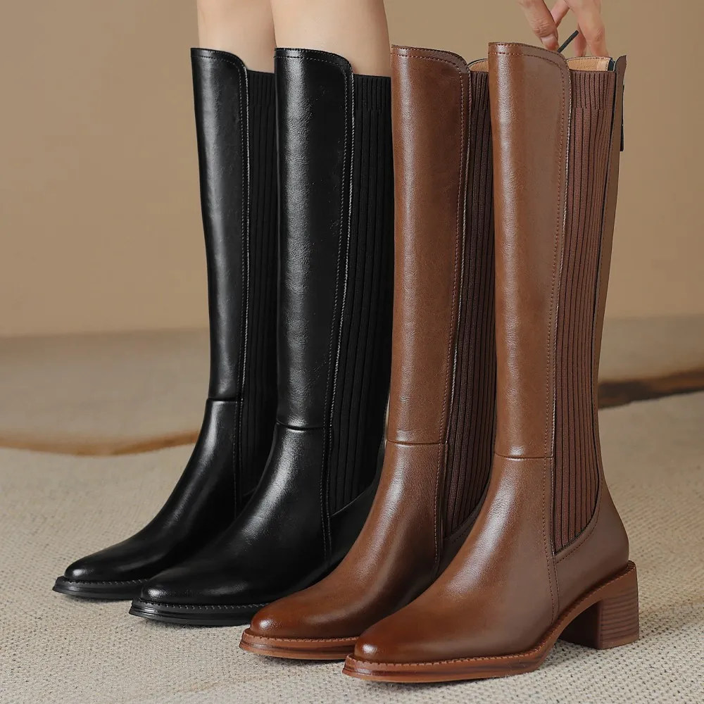 Женские сапоги до колена из натуральной кожи с острым носком на молнии сзади