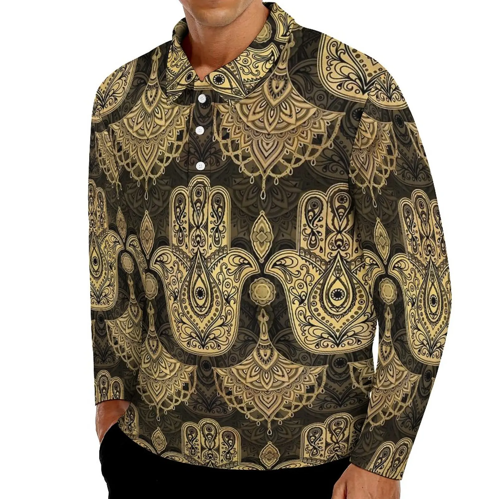 

Hamsa Hand Casual T-Shirts Gold Hand of Fatima Long Sleeve Polo Shirts Turn-Down Collar Aesthetic Daily Graphic Shirt Plus Size
