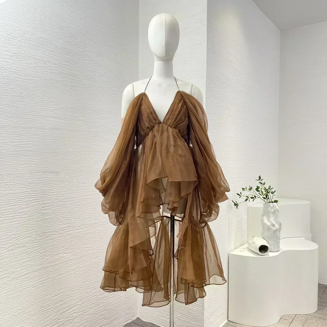 2024 кофейно-коричневый цвет высококачественные асимметричные блузки с лямкой на