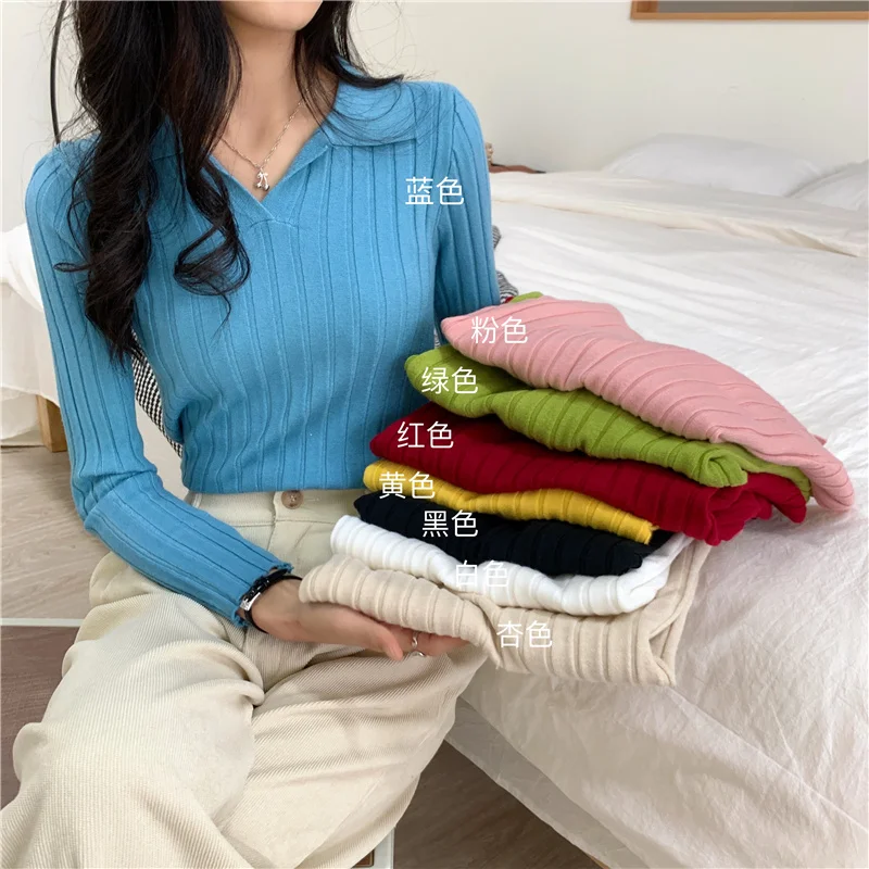 

Женский трикотажный пуловер с длинным рукавом, V-образным вырезом