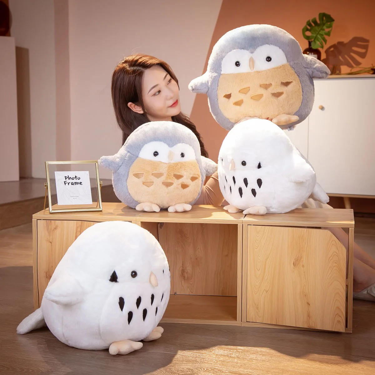 

38/45cm Fatty Owl Cute Doll Standing Ball Shaped Grey White Dots Embroidered Cartoon Animals Long Plush Toy Kids Gift