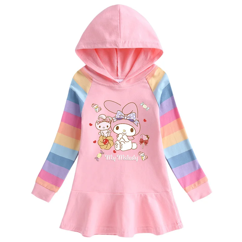 

Sanrio Melody 2023 Spring and Autumn New Cotton Cartoon Rainbow Girls Dress Long Sleeve Hooded Sweatshirt Princess Dress