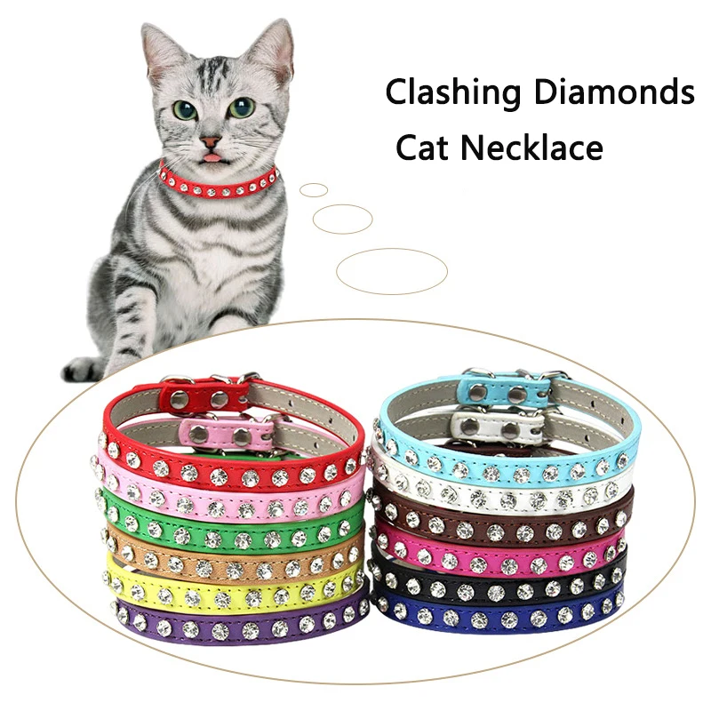 

Shining Rhinestone Rivets Cat Collar Leather Small Dog Collars Puppy Neck Strap for Kitten Accessories Collier Chat Perro