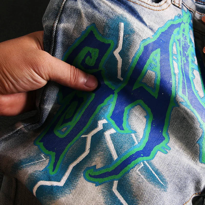 Fashion Skull Graffiti Jeans Printed Ripped Denim Pants Mens Distressed Biker Jeans Streetwear Slim Y2k Hip Hop Pants Joggers