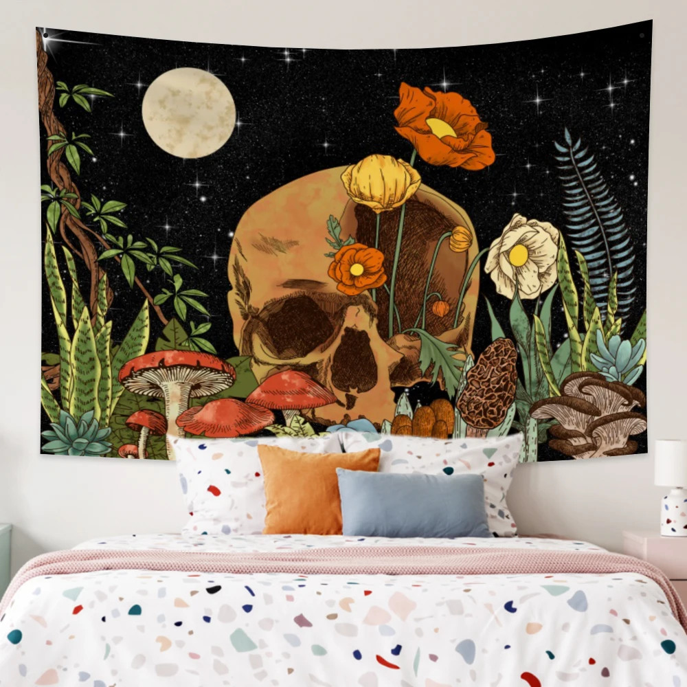 

Floral Plants Skull Tapestry Trippy Moon Starry Hippie Boho Aesthetic Wall Hanging Decoration For Bedroom Living Room Dormitory