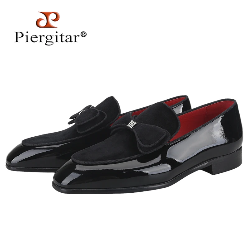 

Piergitar Black Patent Leather Patchwork Velvet Men's Loafers Handmade Bow Tie Moccasins British Classic Style Smoking Slippers
