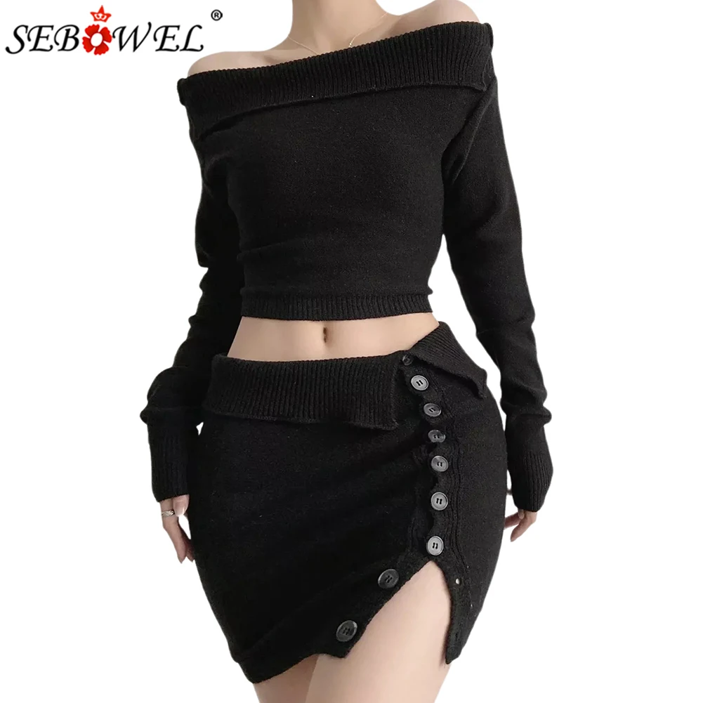

SEBOWEL European and American Sexy One-shoulder Lapel Sweater Two-piece Set 2022 Autumn New High Waist Short Skirt Sweater Suit