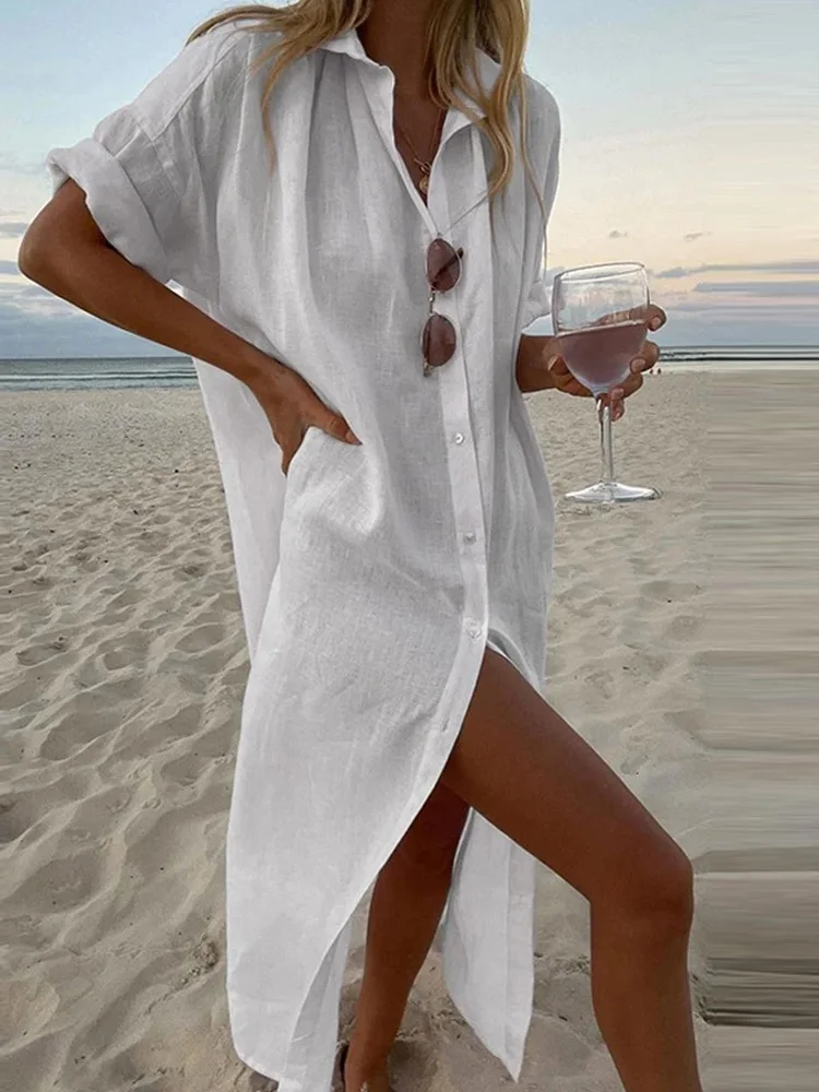 

2022 Summer Women Casual Loose Cotton Linen Dress Lapel Short Sleeve Shirt Dress Lady Fashion Solid Single Breasted Long Dresses