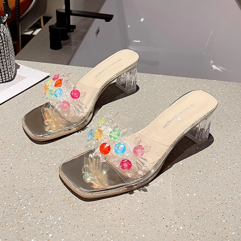 

Шлепанцы женские на квадратном каблуке, Симпатичные сандалии, прозрачные, с кристаллами, бриллианты, летние Тапочки