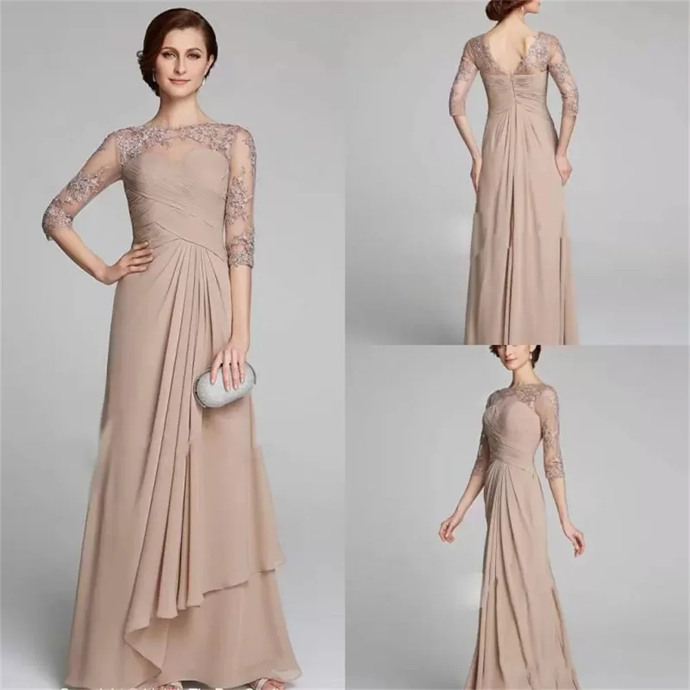 

A-Line Elegant Modest Champagne Sexy Prom Mother of the Bride Dresses Ruched Lace Applique vestidos de noche فساتين السهرة