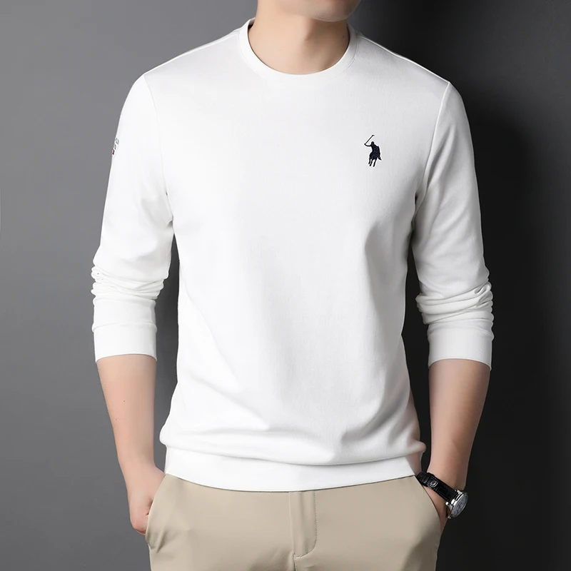 

Embroidery Fashion Spring Autumn Classic Pure Color Cotton Korean Business Long Sleeve Top Grade Casual O Neck Men T-shirt
