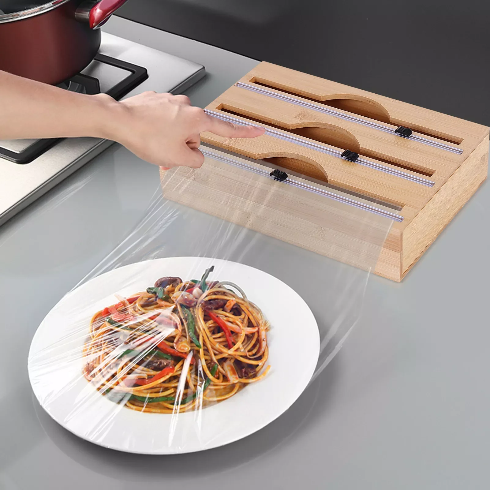 

Cling Film Dispenser With Cutter Food Wrap Dispenser Tin Foil Storage Organizer Cling Film Tin Foil Holder With Slid Cutter