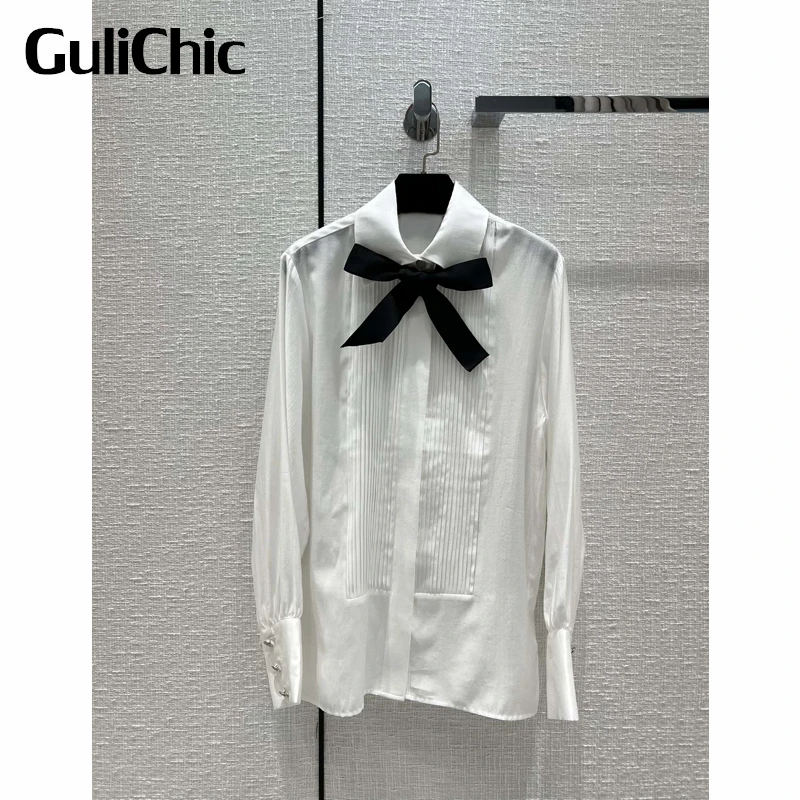 

2.21 GuliChic Women Elegant Contrast Color Bow Ribbons White Shirt Pleated Cotton Casual Comfortable Blouse