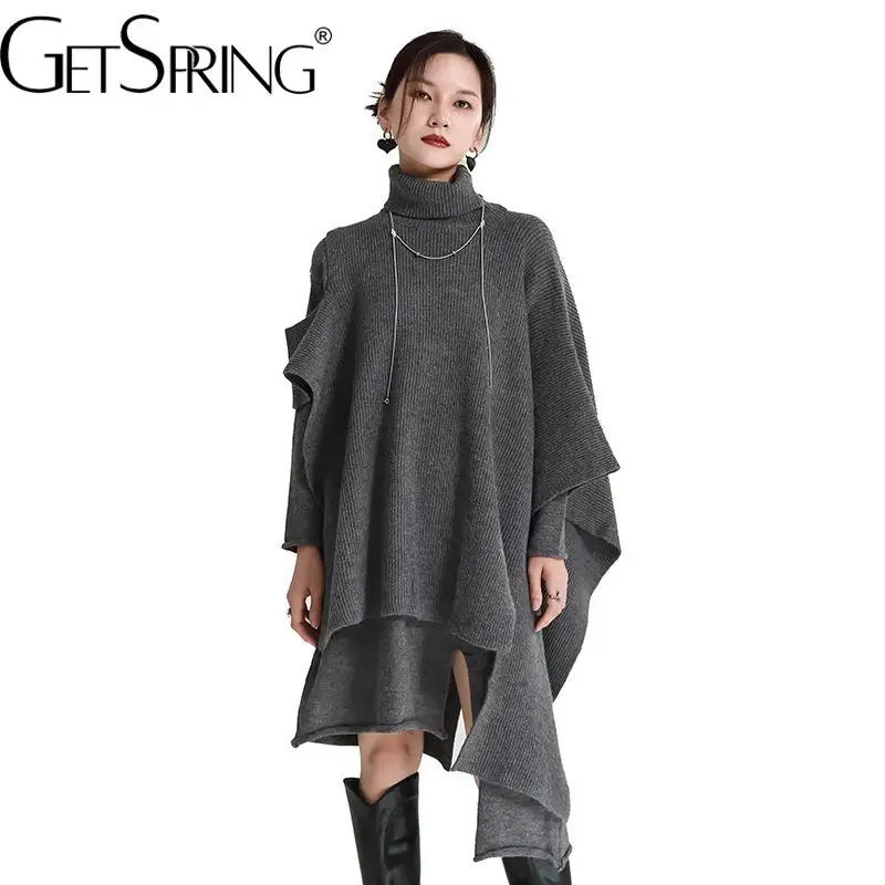 

GetSpring Women Knitted Dress Sets Asymmetrical Hem Knitted Dress Irregular Split Loose Long Cloak Two Piece Sets Autumn Winter