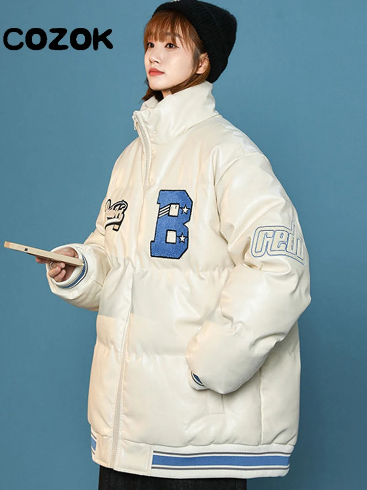 Oversized Warm Thick PU Leather Coats Women's Parkas Coat Winter Letter Embroidery Zipper Coat Stand Collar Down Cotton Jackets