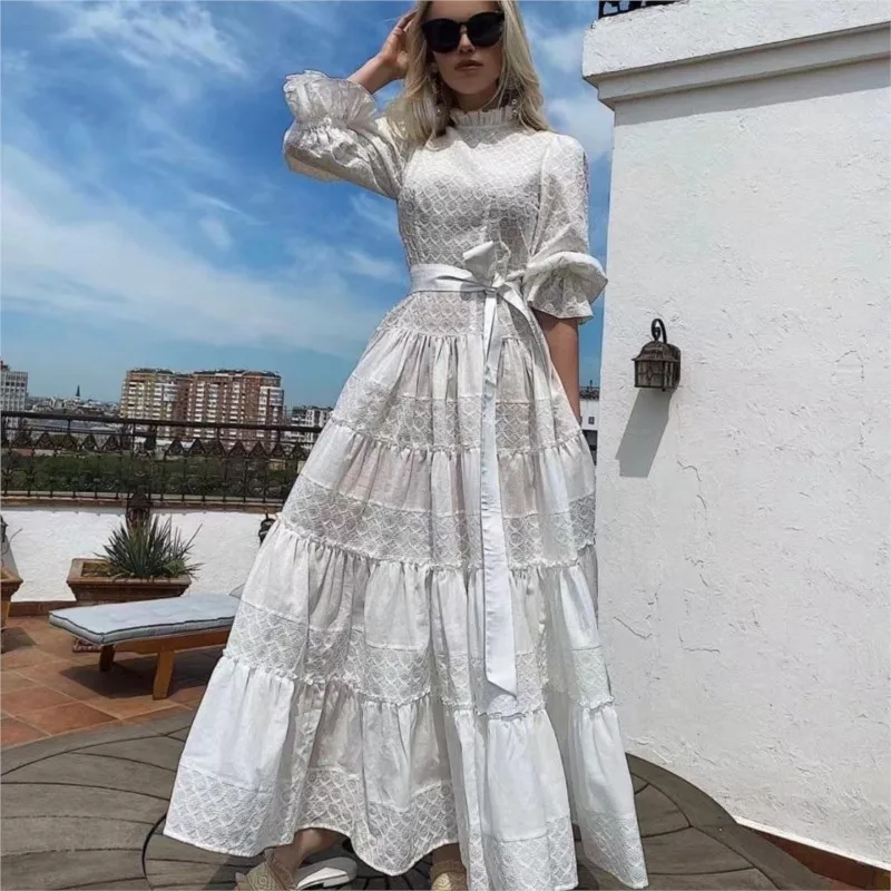Women's Dress 2023 New Heavy Industry Embroidery White Stand Collar Lantern Sleeve Collection Waist Large Swing Dress