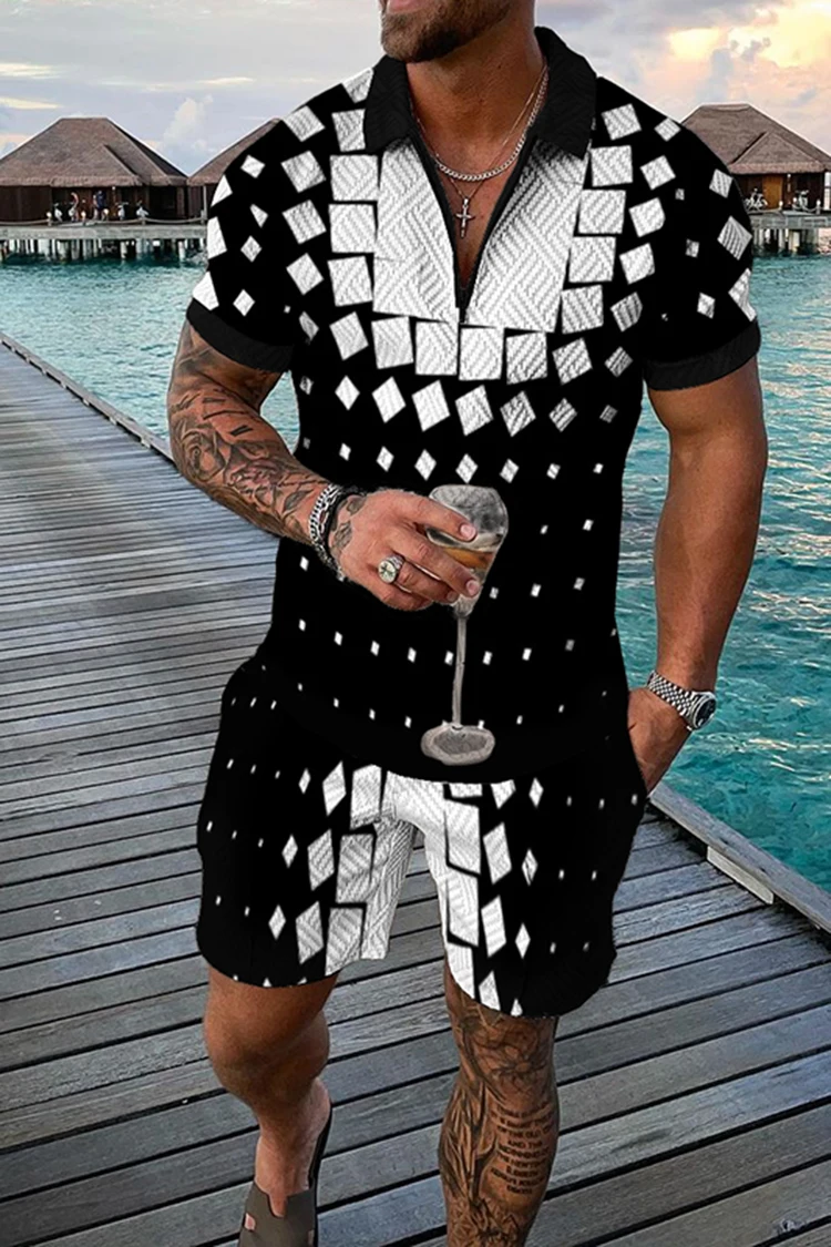 Summer Men Sports Suit Fashion Short-sleeved Polo Shirt Suit Lapel Zipper Clothing 2-piece Casual Suit Street Wear Oversized