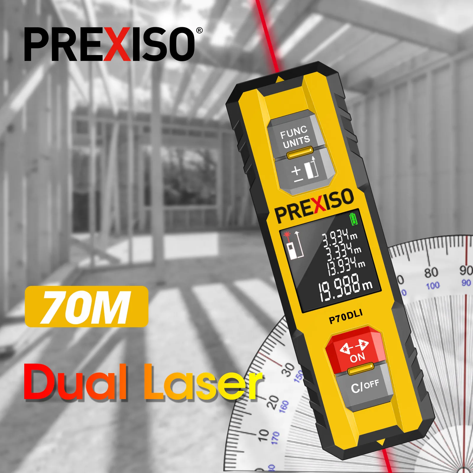 PREXISO 70M Dual Laser Rangfinder Digital Distance Measure Rechargeable Distance Meter Rang Finder For Area Volume Measure Tools