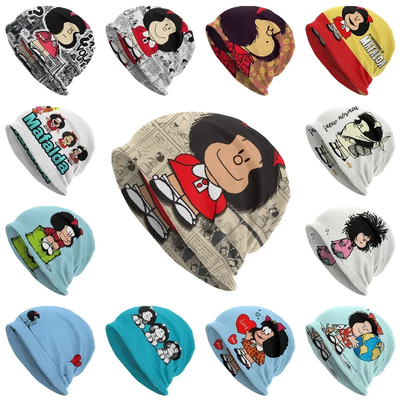 

Винтажная облегающая шапка Mafalda манга, зимняя теплая шапка, мужская вязаная шапка, уличные комиксные шапочки, облегающие шапки для мужчин и ...