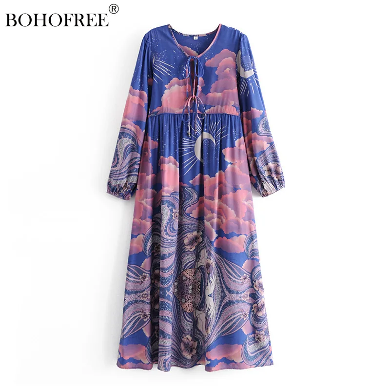 

Boho Vinatge Floral Print vintage dress LongTunic Dress Rayon Cotton Moon Star Maxi Hippie Tropical Vestidos