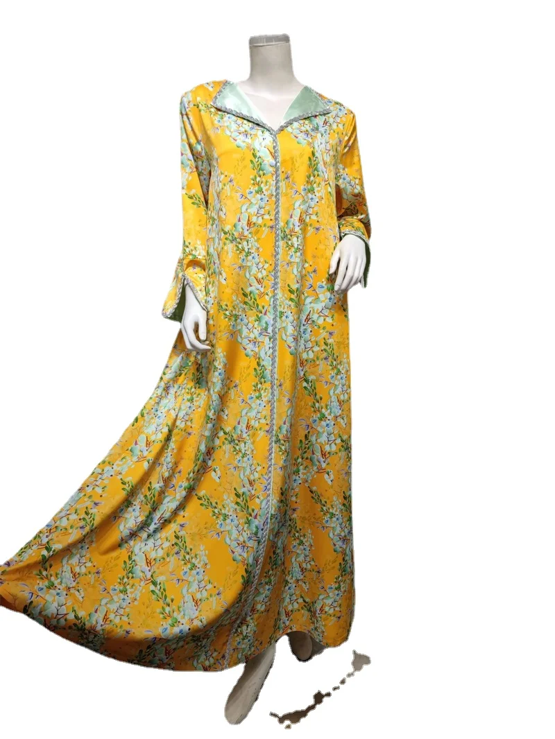 Abayas For Women Saudi Arabia Elegant Floral Print Long Dresses Diamonds V-Neck Kaftan Dubai Luxury Ramadan Clothes