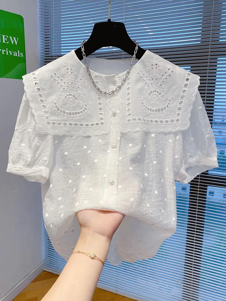 

SuperAen 2022 Summer New Loose White Hook Flower Hollow Out Peter Pan Collar ShirtShort Sleeve Chiffon Womens Tops
