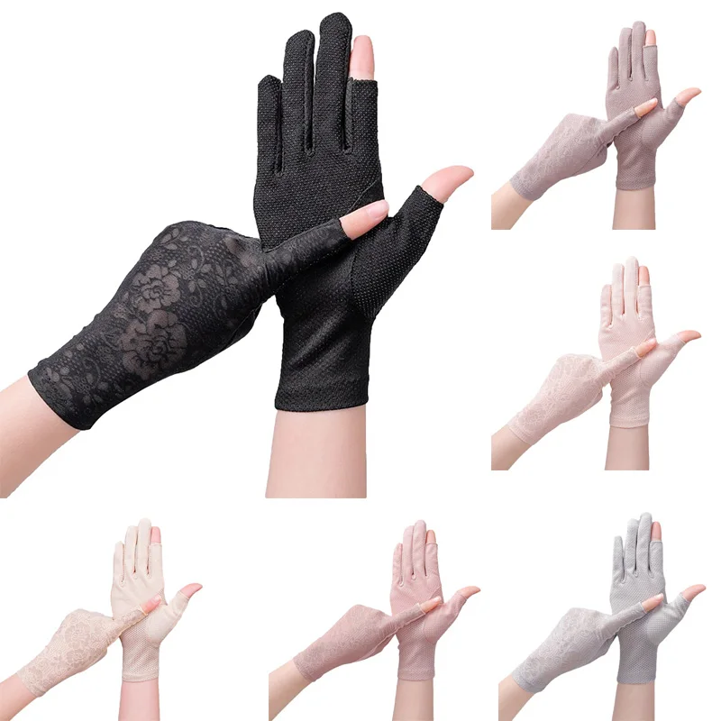 

Women's Thin Lace Cycling Gloves Breathable Summer Ice Silk Dew Finger Gloves Outdoor Anti-UV Driving Riding Sunscreen Gloves