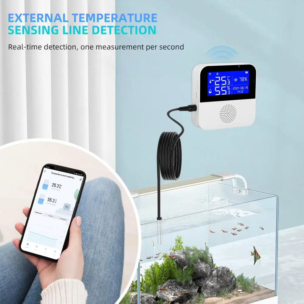 

Tuya WiFi Temperature And Humidity Sensor With Probe Meter Controller Measurement Indoor Thermometer Hygrometer Remote Alarm