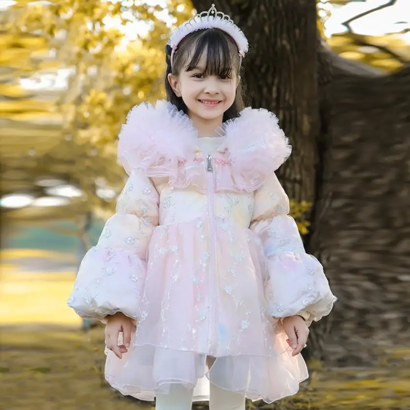 

Lolita Girl 90% White Duck Down Jacket Princess Festival Down Dress Children Embroidery Hooded Thicker Parka Kids Down Coat Z938