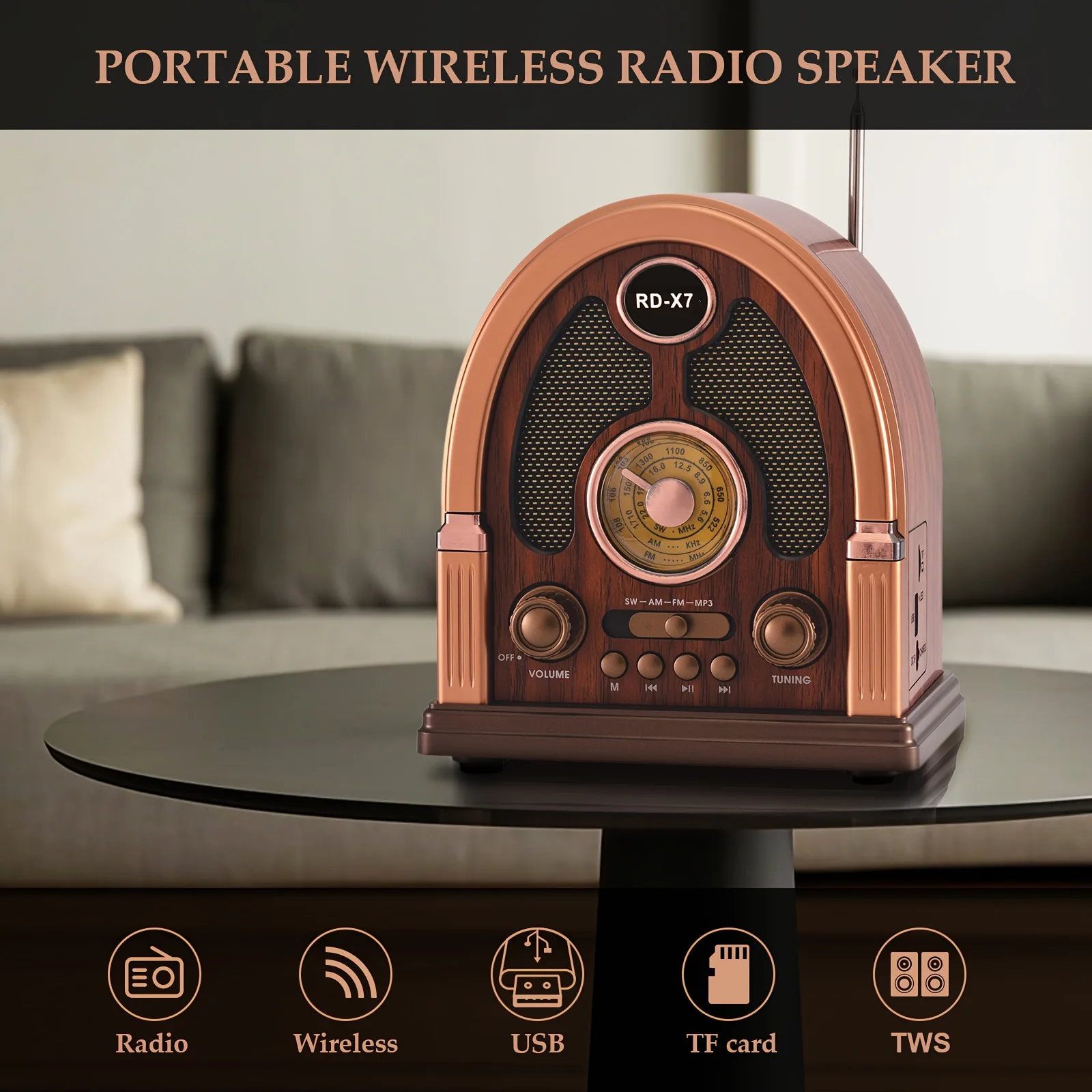 Портативное винтажное FM-радио с деревянной текстурой, Bluetooth-колонка, поддержка TF-карт, USB-накопителей, зарядка Type-C, стереозвук (art.: 3920dca5e5f65) - 3920dca5e5f65