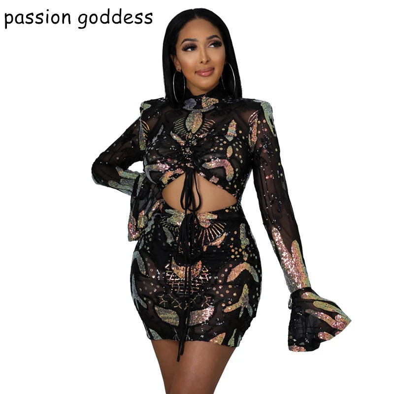 Купи 2021 Women Sequins Shiny Hollow Out Sexy Mesh Pencil Dress Bodycon Turtleneck Flare Sleeve Drawstring Pleated Party Dress Black за 1,324 рублей в магазине AliExpress