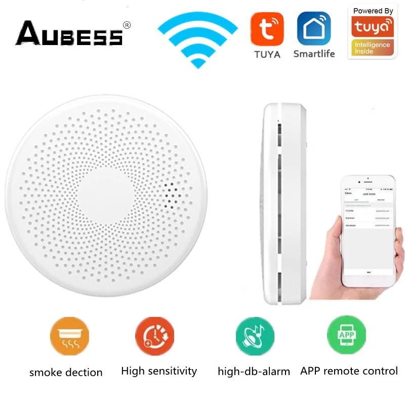 

Умный датчик дыма и монооксида углерода Tuya с Wi-Fi, домашний противопожарный детектор, датчик дыма с дистанционным управлением через приложен...