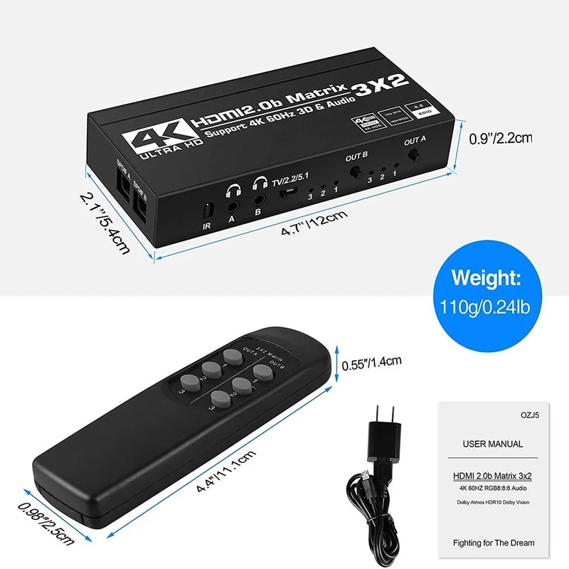 Матричный переключатель 2021 3x2 сплиттер с SPDIF и L/R 3 5 мм HDR HDMI-совместимый 4x 2