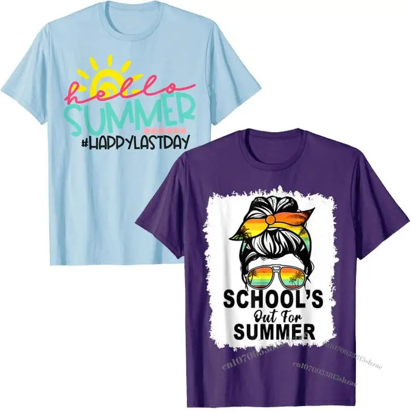 

Happy Last Day of School Teacher Student Hello-Summer Graduation T-Shirt School's Out for Summer Graphic Tee Vacation Clothes