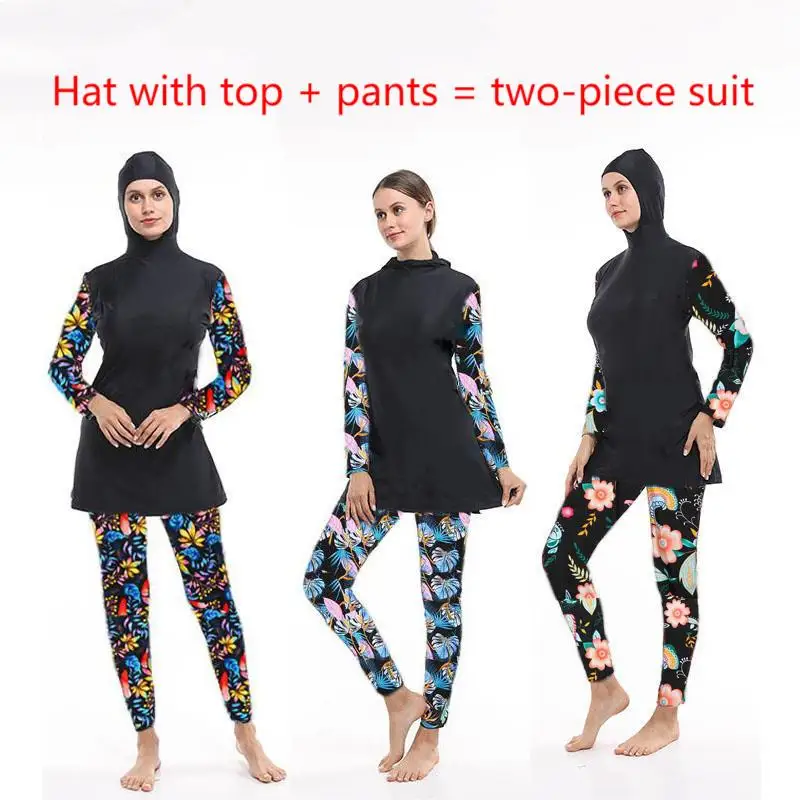 

2 Pcs/Set Hoodie Swimsuit Women Muslim Swimsuit Leaf Print Split Swimwear Abayas Long Sleeve Moderate Swimsuit Burkini Islamic