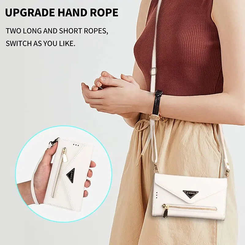 Crossbody Wallet Case with Kickstand for iPhone 13 Pro Max, PU  Zipper Flip Wallet Case with Card Slots and Detachable Lanyard &